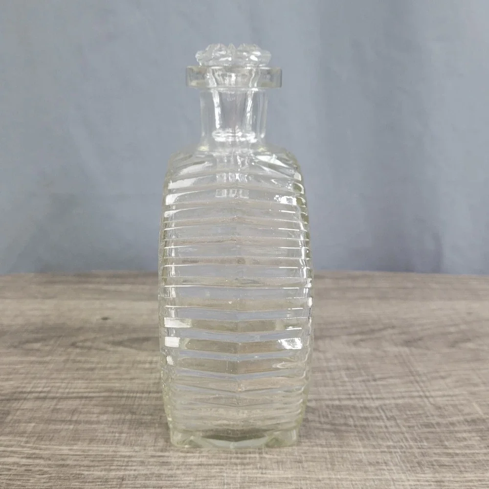 Vintage Clear Glass Decanter with Stopper Diamond Star Cut Pattern Liquor Bottle